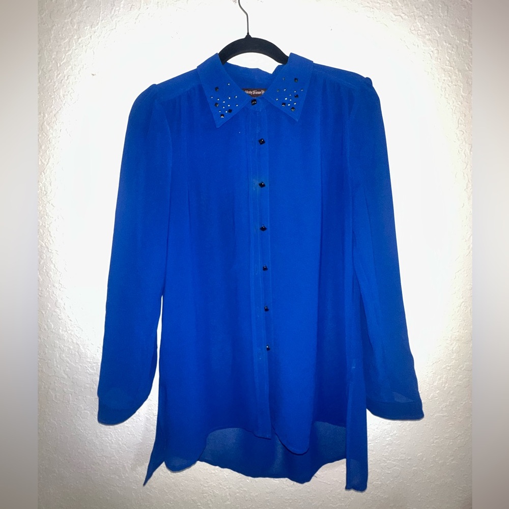 Sienna Rose Royal Blue Sheer Long Sleeved Top with studded buttons Size Small
